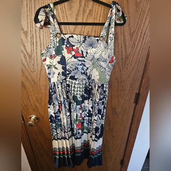 Dalia Macphee Floral Pleated Tie Shoulder Midi Dress Medium - Picture 3 of 8